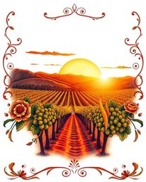 This symbolic traditional tattoo art print gracefully and elegantly depicts a sunset over a vineyard. Bathed in the warm gold