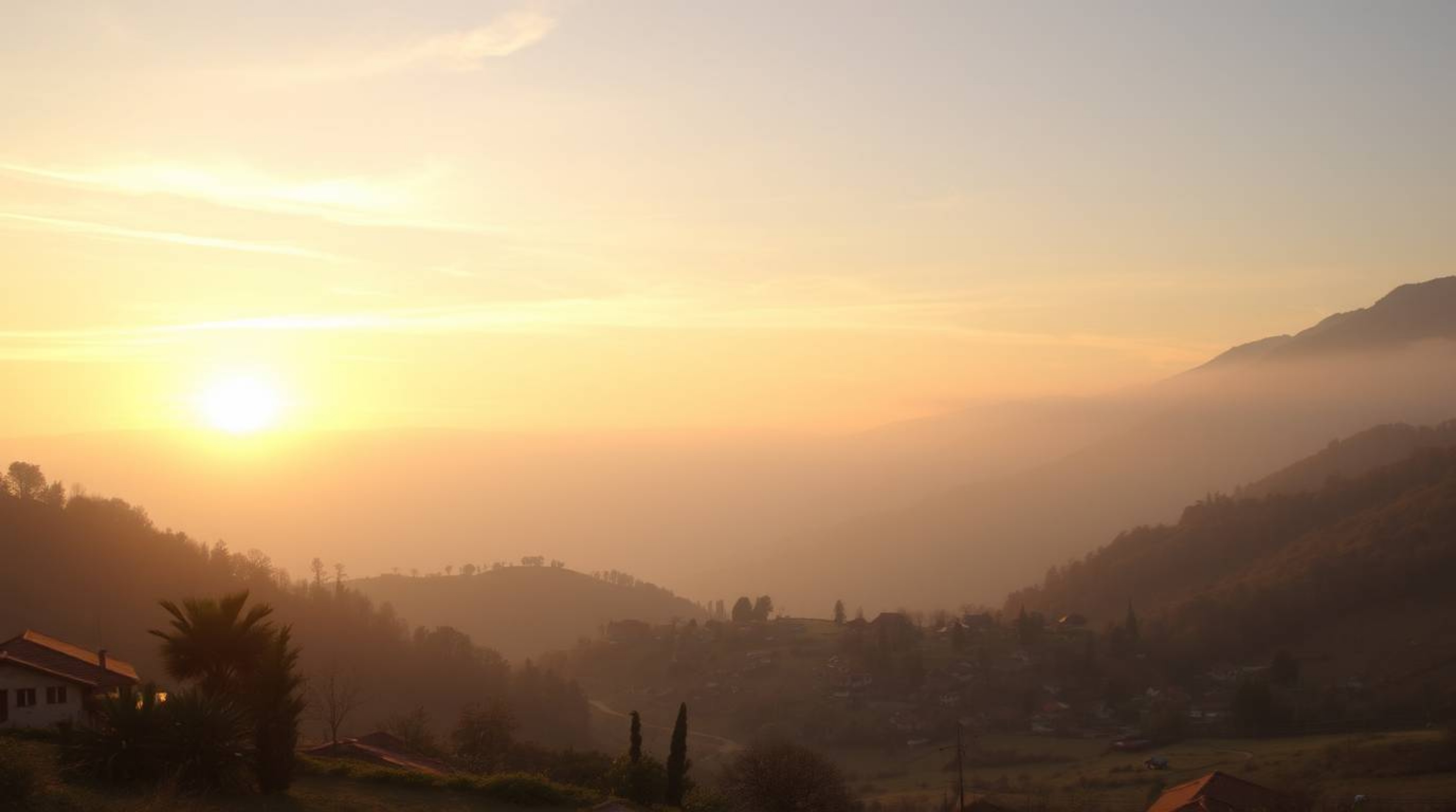 This photograph captures a cozy village nestled in a valley bathed in the soft, ethereal light of the golden hour. The scene 