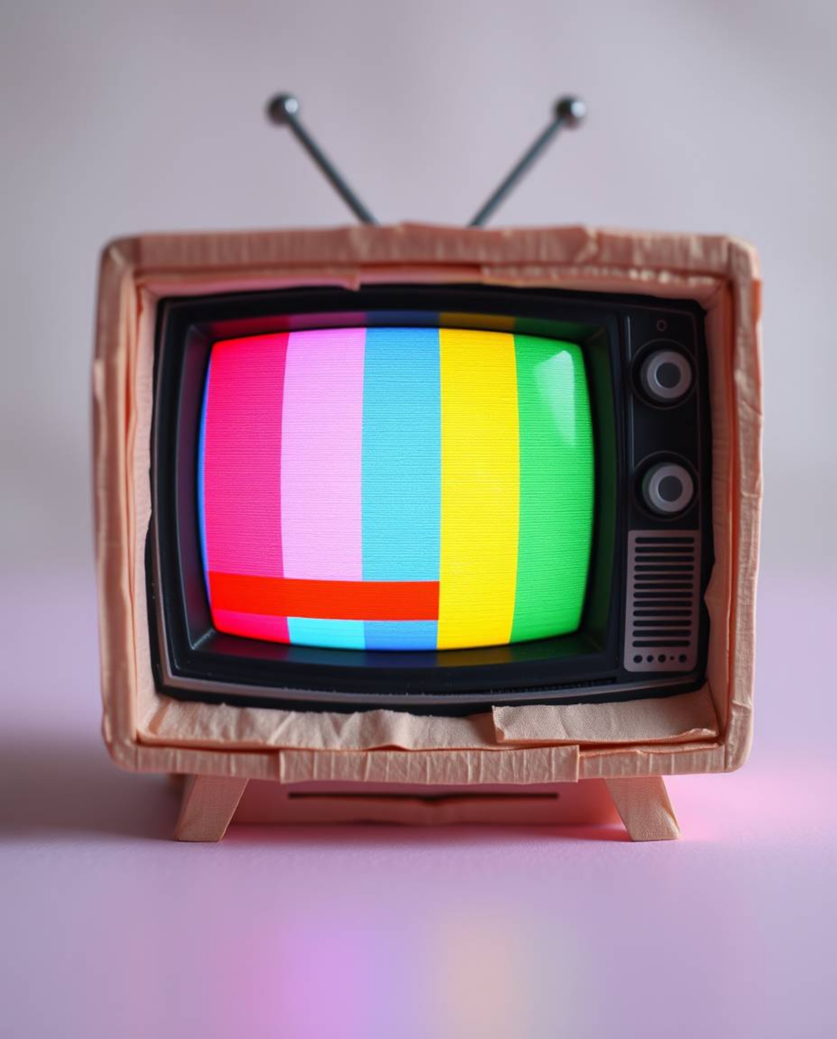 A captivating papier-mâché artwork showcasing a retro-style TV screen glitch with vibrant RGB separation.  The piece features