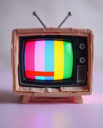 A captivating papier-mâché artwork showcasing a retro-style TV screen glitch with vibrant RGB separation.  The piece features