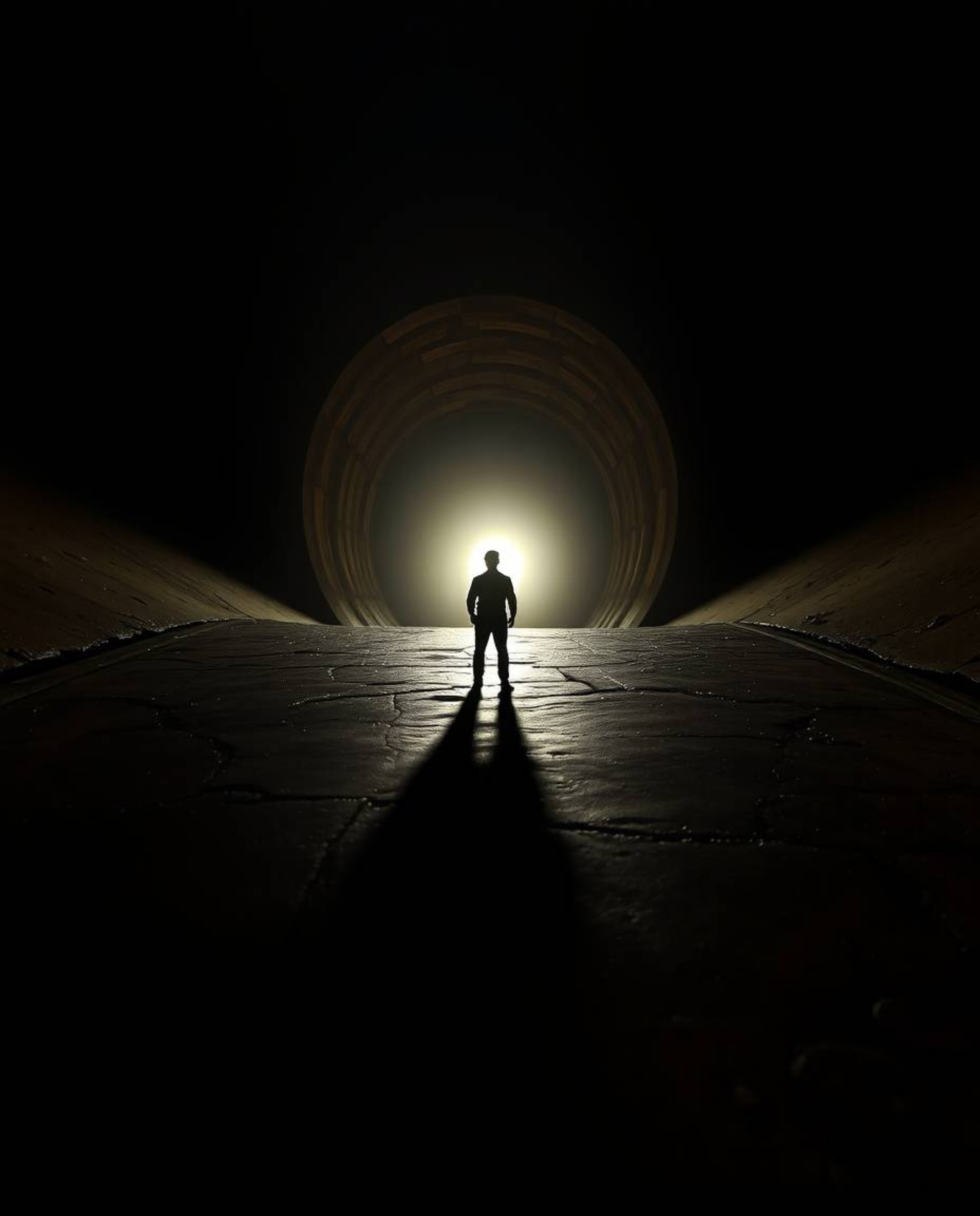 A striking composition featuring intense, dramatic lighting illuminating a cast bronze surface. A lone figure stands poised a