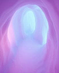 A captivating high-angle shot reveals a mystic, enchanting environment bathed in a soft gradient of pink, blue, and violet hu