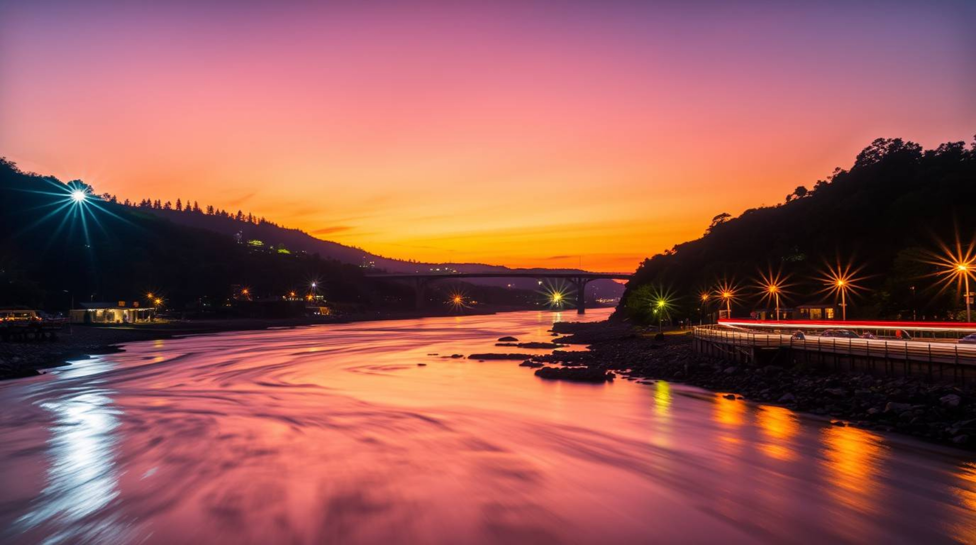 Explore the mesmerizing beauty of a vibrant river delta at twilight, captured in a long exposure photograph. The scene glows 