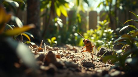Embark on an epic adventure with a bug-sized hero as they navigate a vibrant backyard jungle bathed in strong, harsh light.  