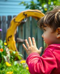 A captivating close-up shot captures a child's pure wonder as they stumble upon a magical portal in their own backyard. The s