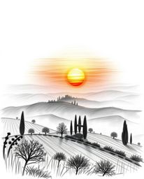 This is an epic scene depicting a Tuscan sunset over misty rolling hills, rendered in a hand-drawn sketch style on a white ba