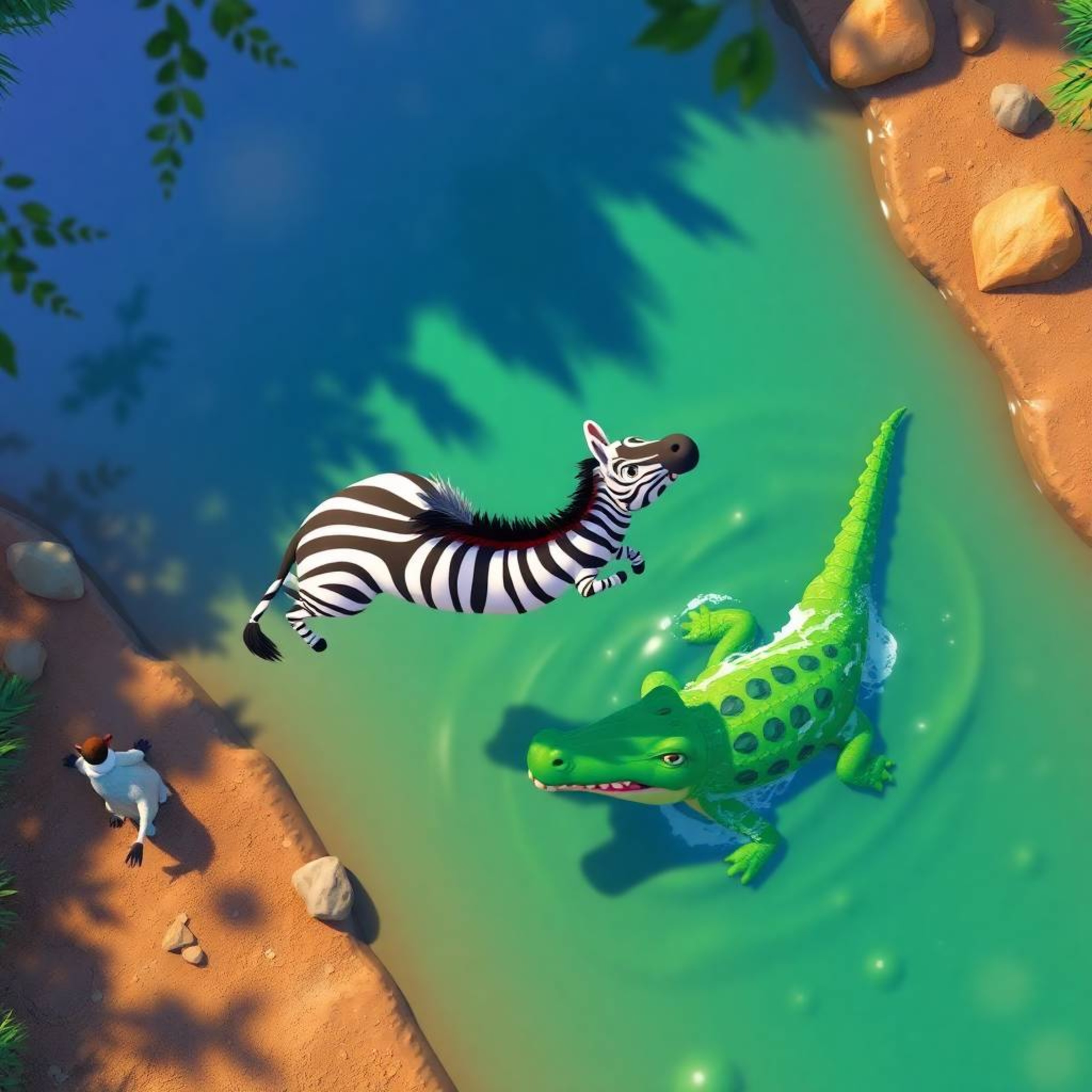 Overhead view showcases a charming 3D cartoon scene featuring a zebra and crocodile near a river. The image boasts iridescent