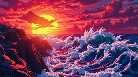 Immerse yourself in a vibrant isekai anime scene featuring powerful waves crashing against jagged cliffs, all bathed in the e