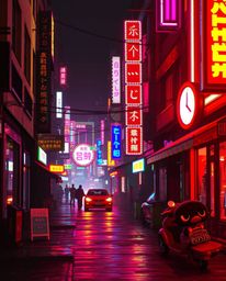Discover adorable and charming pixel art depicting a cyberpunk street scene bathed in warm golden hour neon light.  This uniq