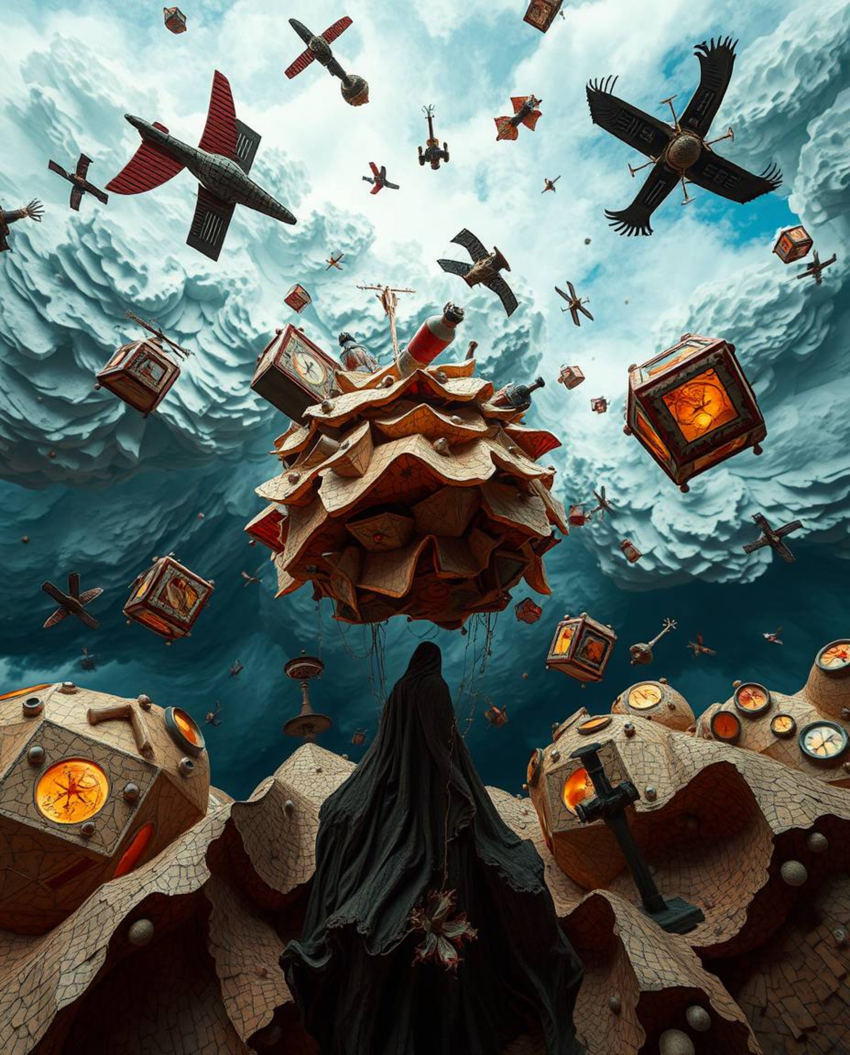 Explore the captivating world of a surreal storm filled with flying objects and the illusion of broken gravity. This artwork 