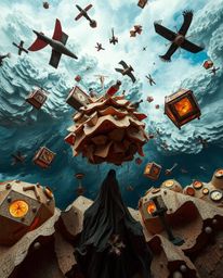Explore the captivating world of a surreal storm filled with flying objects and the illusion of broken gravity. This artwork 