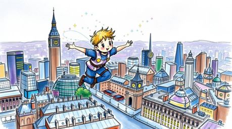 A whimsical hand-drawn sketch depicting a young boy soaring above the iconic London cityscape, propelled by shimmering irides