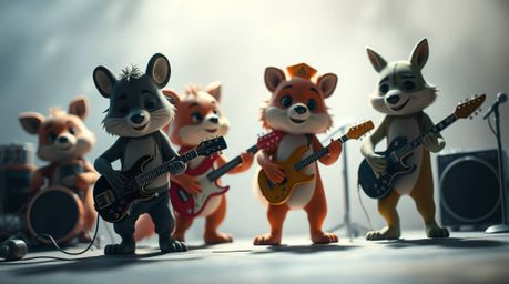 Experience the vibrant energy of a cartoon animal rock band in a dreamy, cinematic setting.  This captivating scene features 