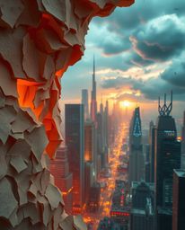 Experience the intense drama of a futuristic city in glitch mode.  This artwork features layered papier-mâché textures, flick