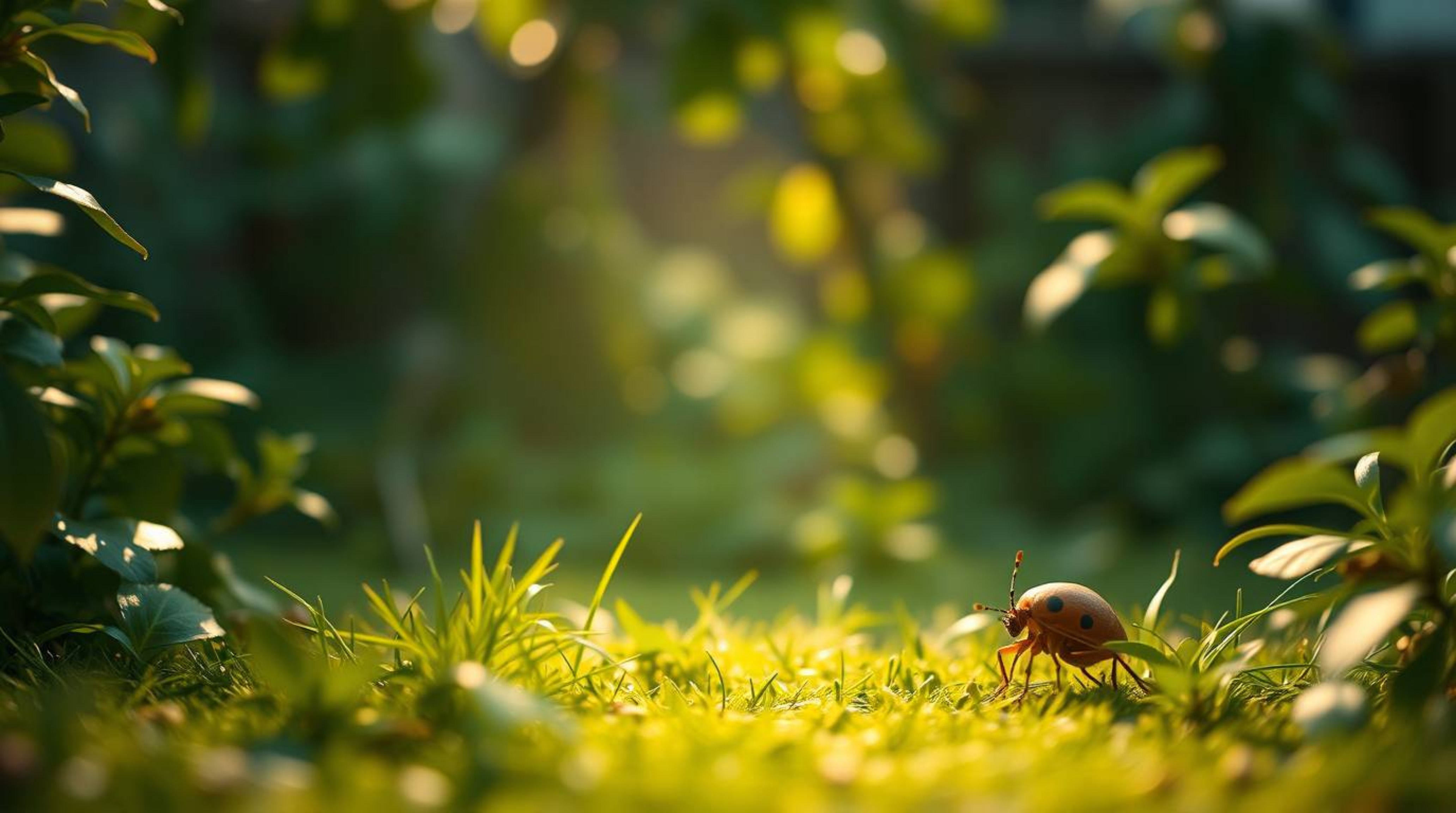 Explore a captivating backyard jungle through the eyes of a bug-sized hero in this high-resolution stock photo. Featuring a s