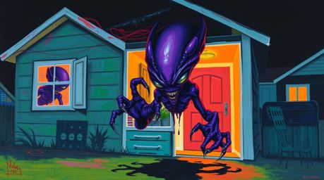 An alien with dark purple skin and sharp claws dwells in a seemingly ordinary suburban house, but the bold acrylics and vibra