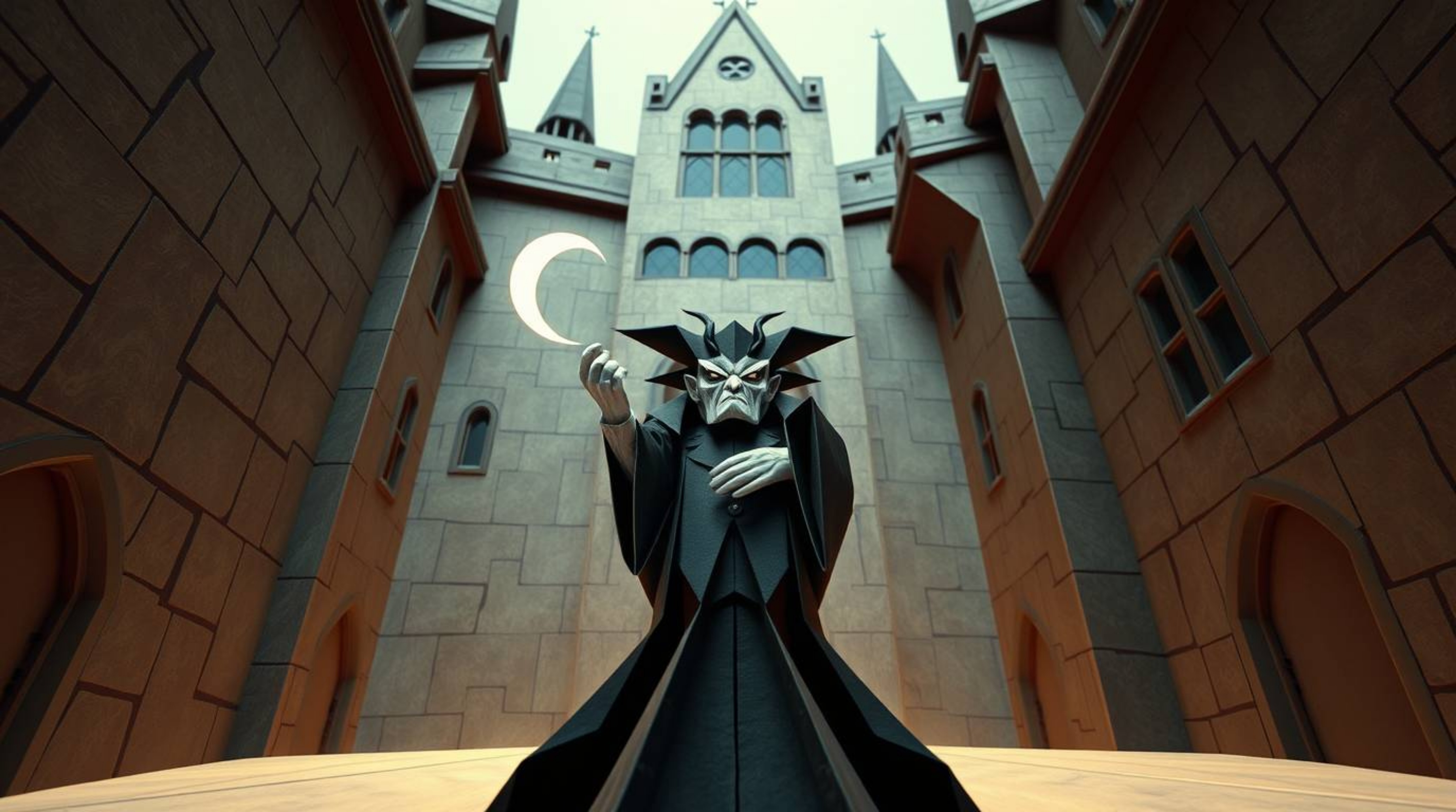 A captivating low-angle illustration showcases a classic Disney villain casting a spell within an ancient castle, rendered in