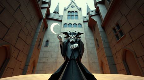 A captivating low-angle illustration showcases a classic Disney villain casting a spell within an ancient castle, rendered in