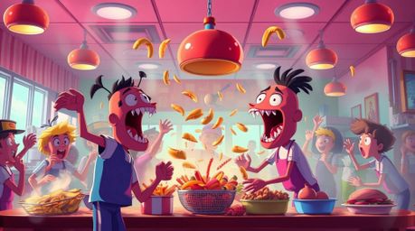 A high-resolution stock photo depicting a chaotic and vibrant food fight in a cartoon cafeteria. Rendered in electric colors 