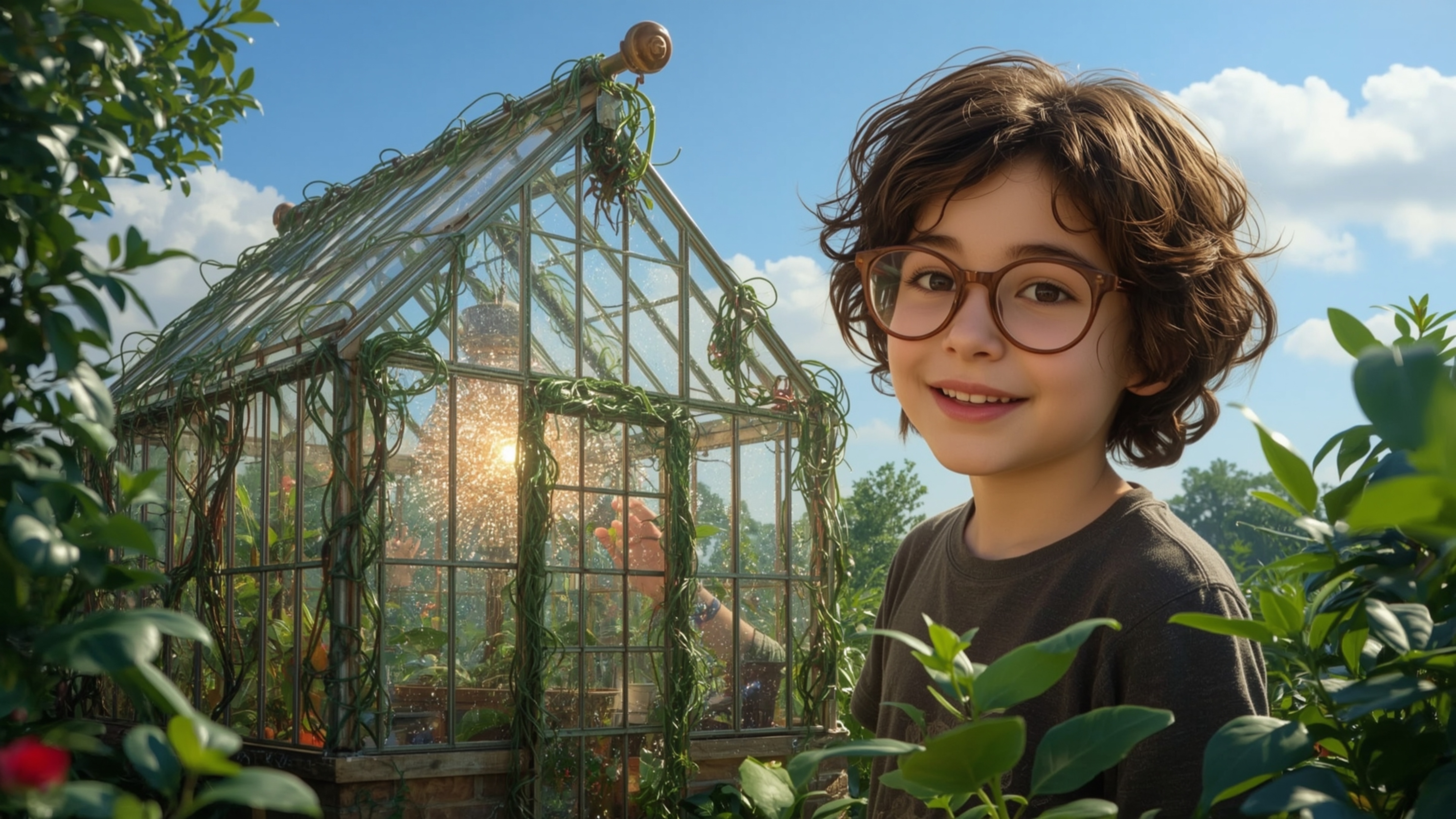 A highly detailed, high-resolution stock photo in a whimsical Pixar-inspired style, featuring a bright-eyed, bespectacled hom