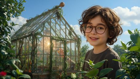 A highly detailed, high-resolution stock photo in a whimsical Pixar-inspired style, featuring a bright-eyed, bespectacled hom