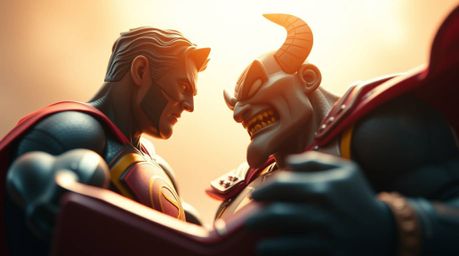 Witness a captivating macro shot of a superhero locked in a lighthearted battle with a comical villain under soft, diffused i