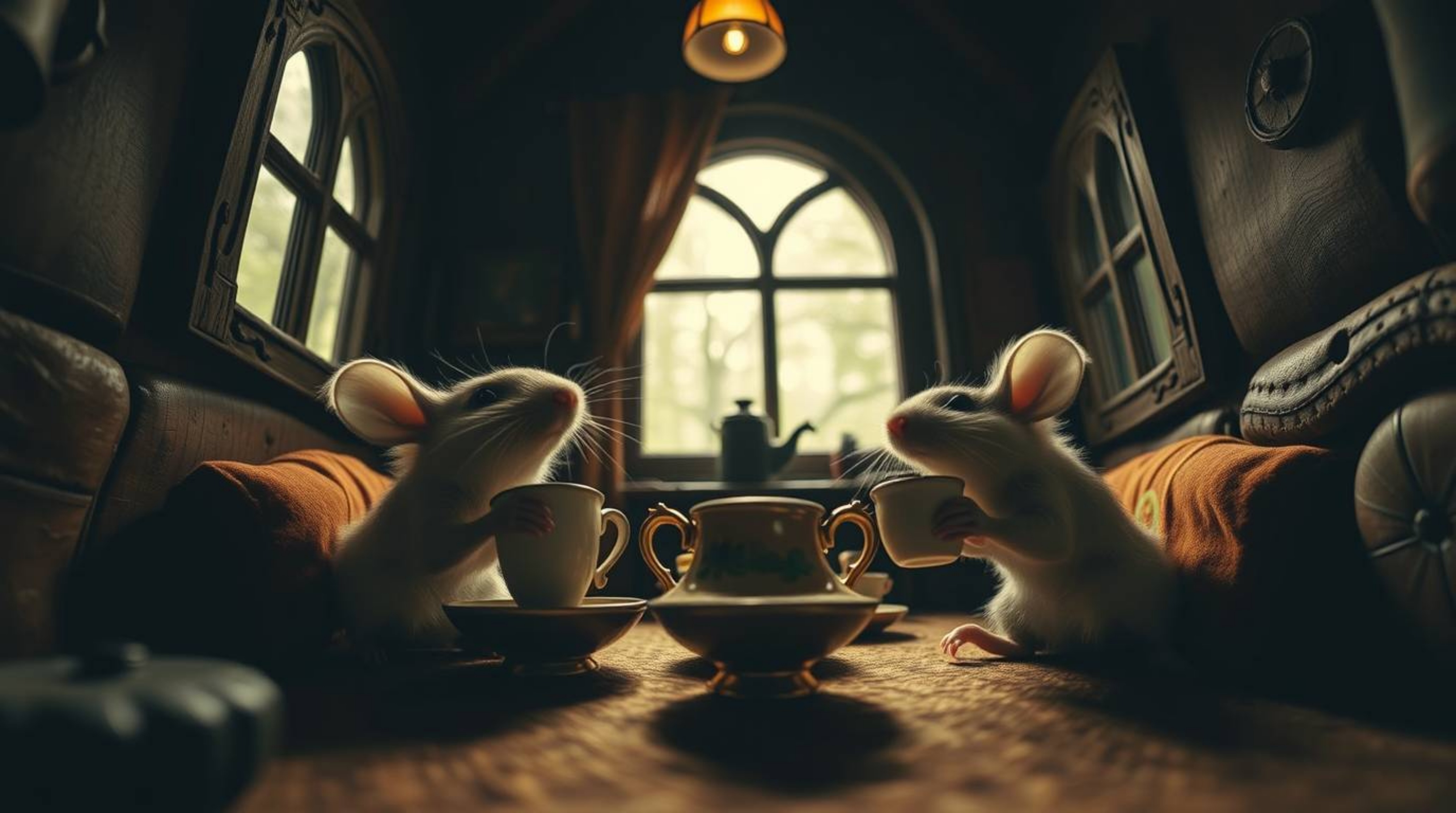 A captivating low-angle shot depicts anthropomorphic mice enjoying a tea party within a cozy cottage. The image boasts a stro