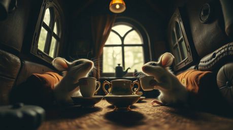 A captivating low-angle shot depicts anthropomorphic mice enjoying a tea party within a cozy cottage. The image boasts a stro