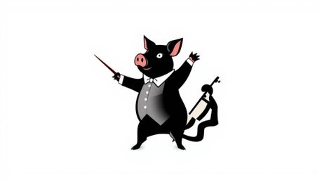 A striking minimalist logo design features a jet-black pig conductor leading an orchestra.  Rendered in clean geometric shape