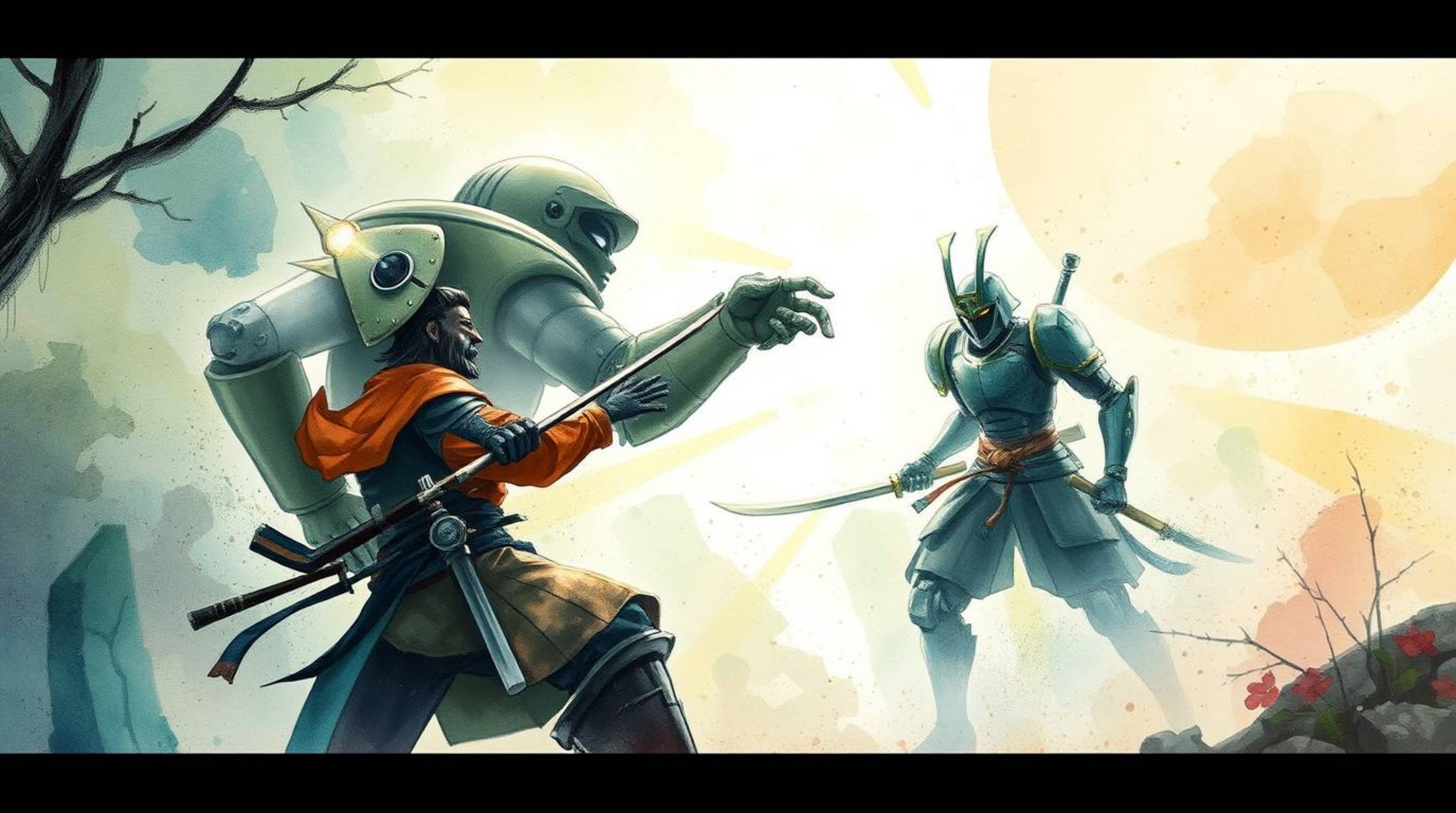 A delicate watercolor painting depicts a samurai fiercely battling a robot in a mystic and enchanting environment, characteri