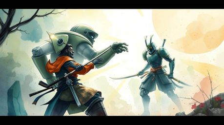 A delicate watercolor painting depicts a samurai fiercely battling a robot in a mystic and enchanting environment, characteri