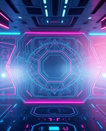 Experience a futuristic digital interface showcasing intricate geometric patterns and a captivating holographic aesthetic. Re