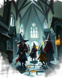 A dynamic digital sketch captures a magical school teeming with young wizards, rendered with loose painterly strokes and bath