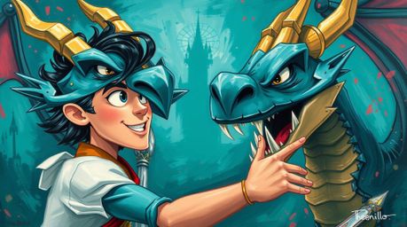 This bold acrylic painting depicts a charming prince with refined features battling a fearsome dragon in a captivating 1950s
