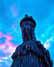 Experience the intense drama of a high-angle perspective showcasing a classical sculpture overtaken by a vibrant glitch effec