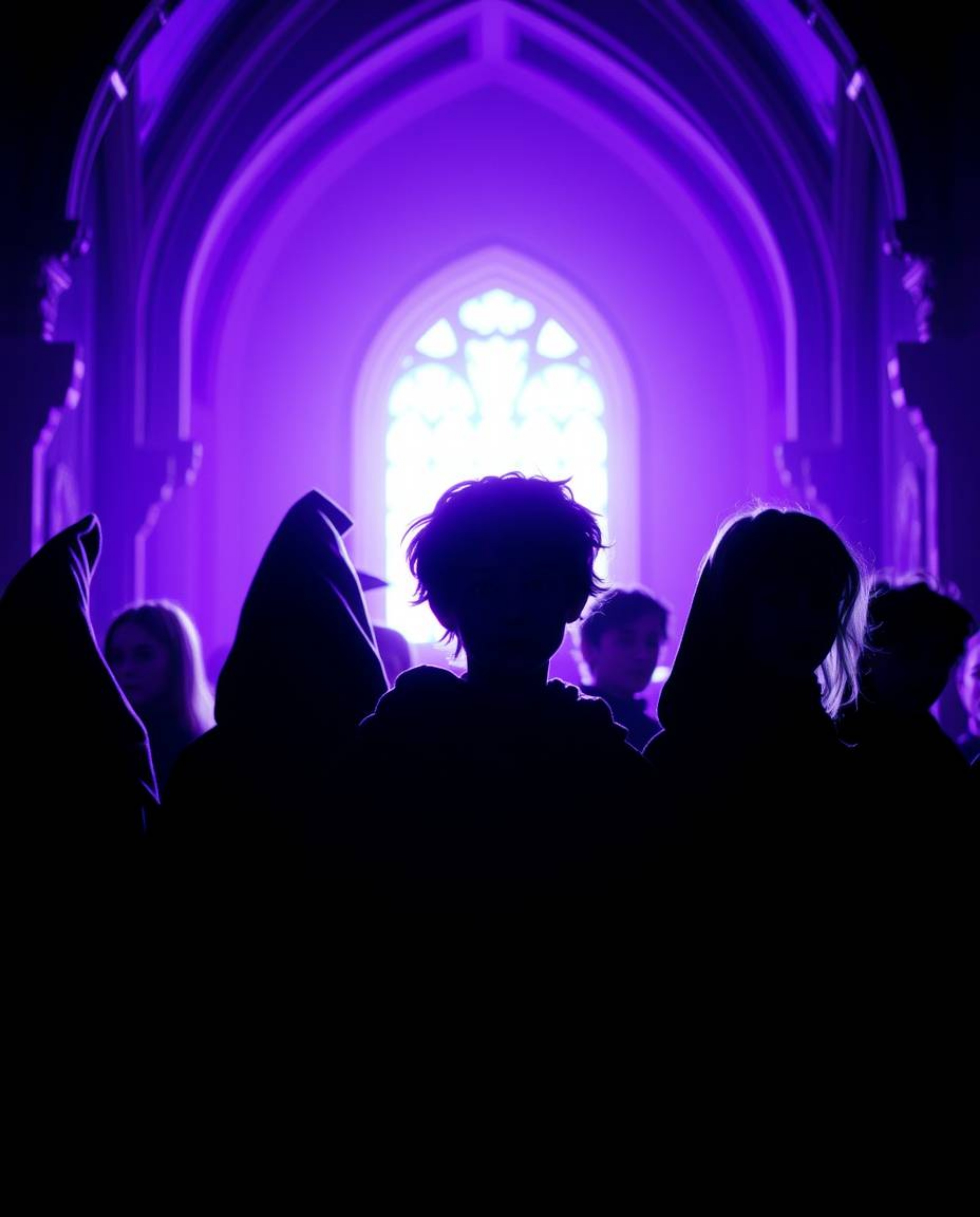 Explore a magical school scene bathed in deep ultraviolet backlighting, featuring silhouetted figures of young wizards with s