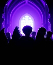Explore a magical school scene bathed in deep ultraviolet backlighting, featuring silhouetted figures of young wizards with s
