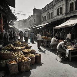 A detailed pencil sketch capturing the energy of a bustling street market. The artwork features intricate shading techniques,