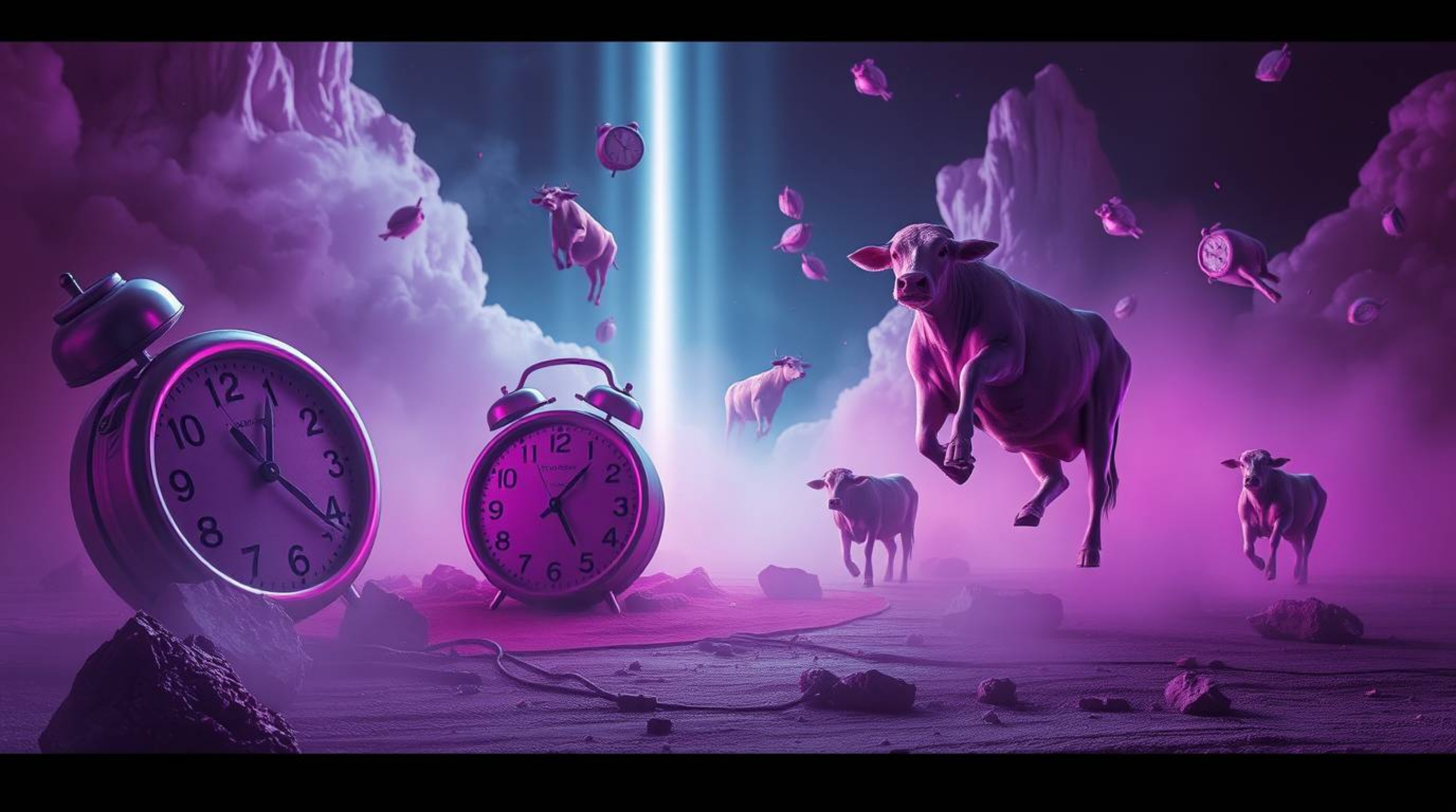 Dive into a mesmerizing surreal dreamscape featuring melting clocks and floating cows.  Rendered with stunning volumetric lig