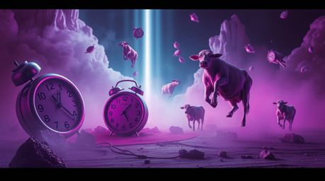 Dive into a mesmerizing surreal dreamscape featuring melting clocks and floating cows.  Rendered with stunning volumetric lig