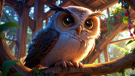 In a heartwarming and visually enchanting scene that blends the styles of Pixar and anime, a wise blind owl presides over a c
