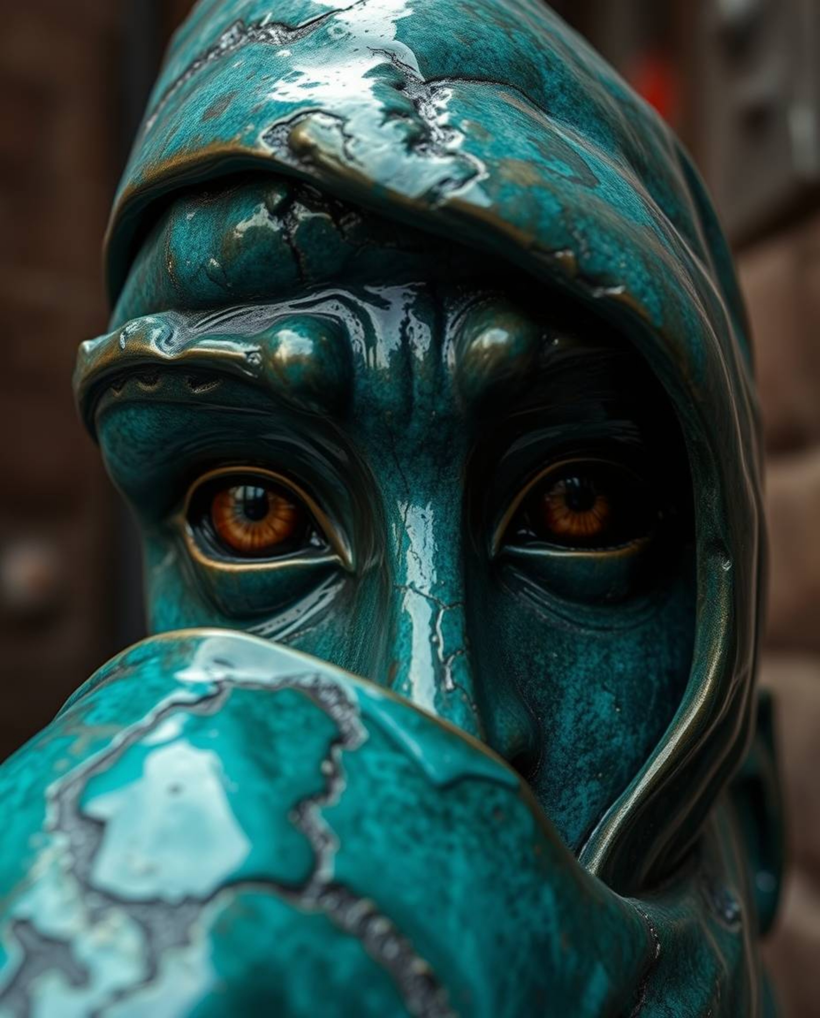 A captivating bronze sculpture depicting eyes watching from the shadows of a night alley. The rich, deep teal patina and anti