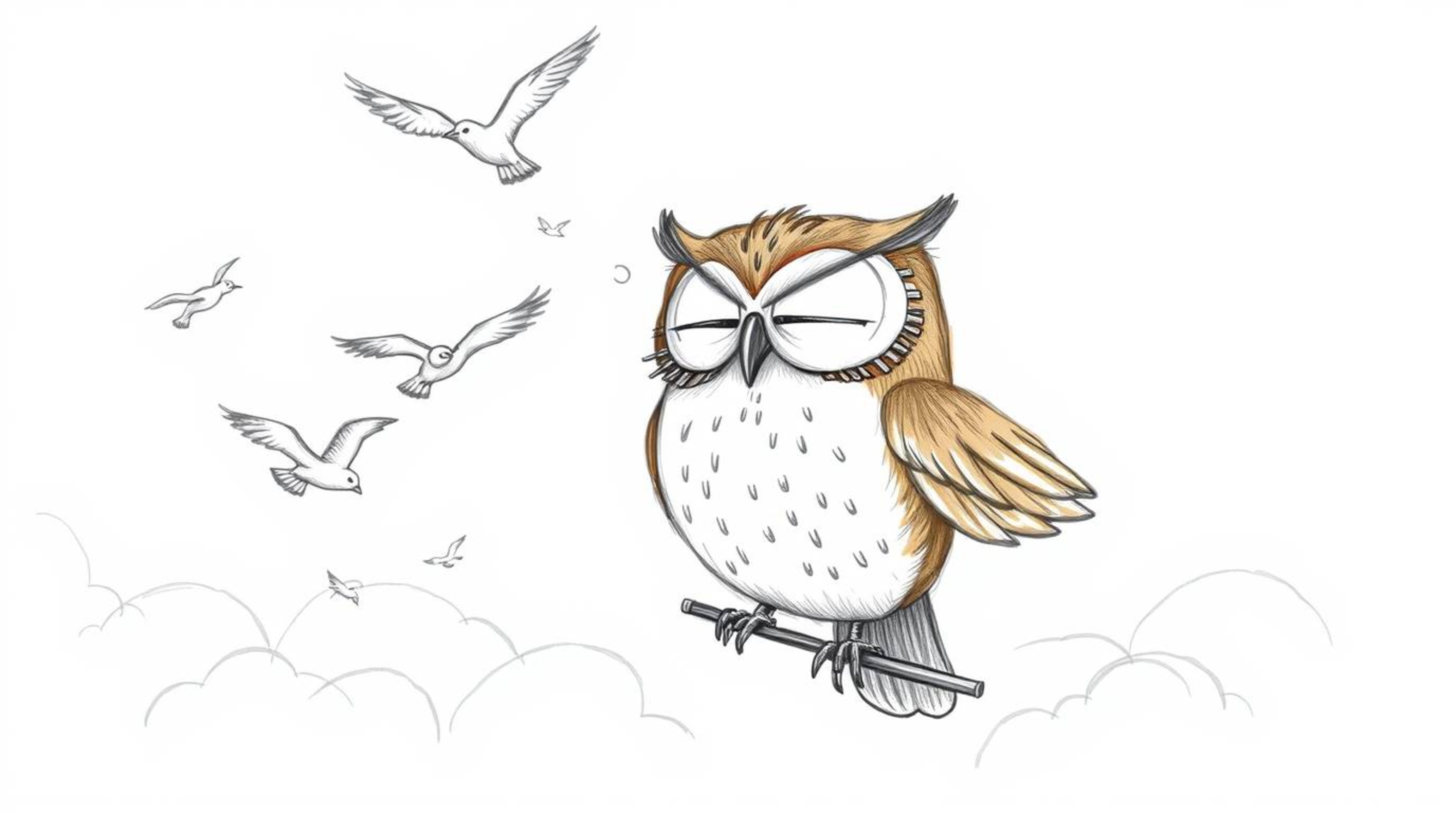 A heartwarming hand-drawn sketch in the style of Pixar depicts a blind owl with soft brown feathers and large, closed eyes, i