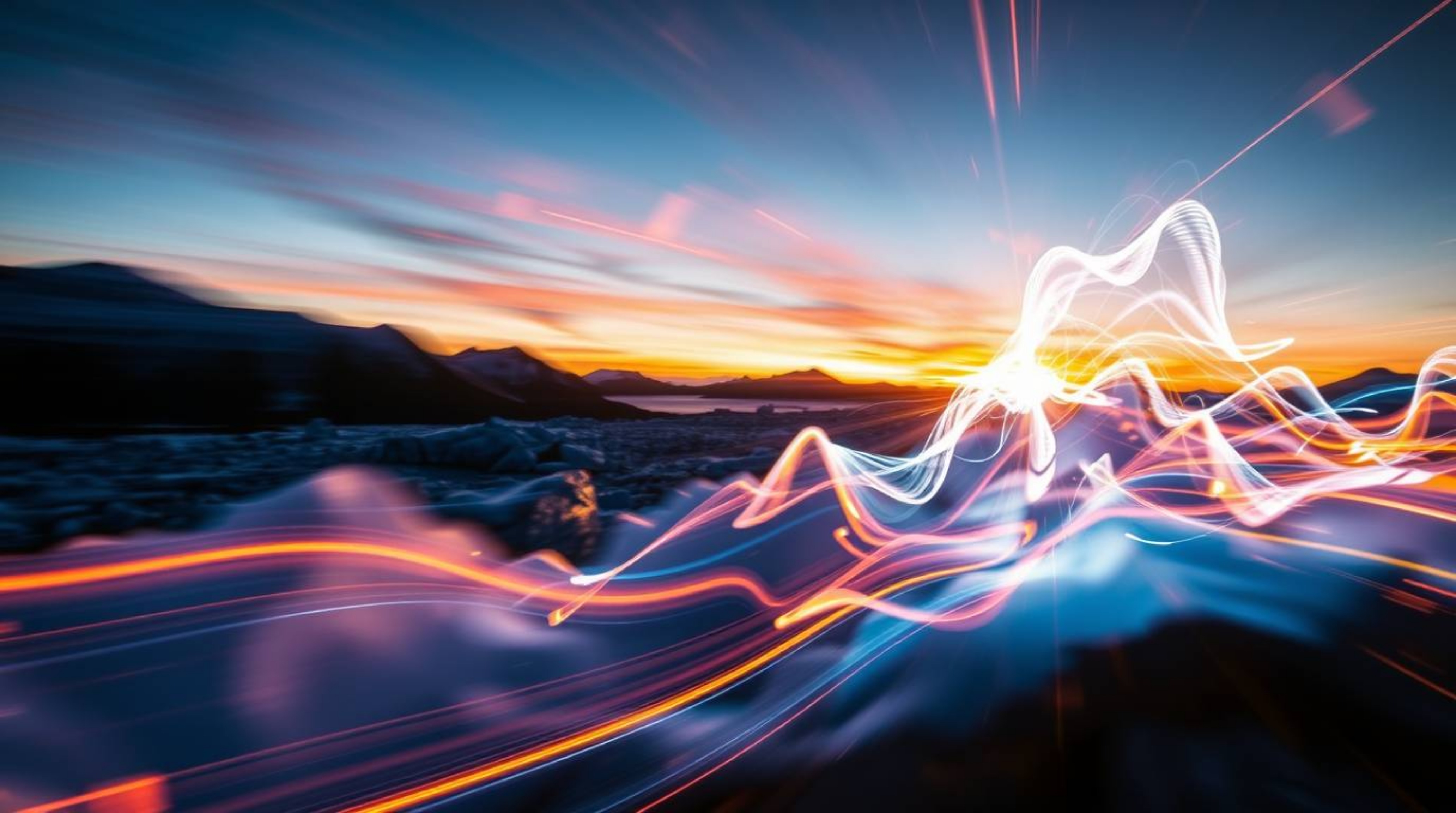 Explore a creative light art piece capturing a dynamic sunset over icy glaciers in the polar region. This artwork features ar