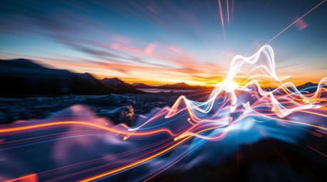 Explore a creative light art piece capturing a dynamic sunset over icy glaciers in the polar region. This artwork features ar
