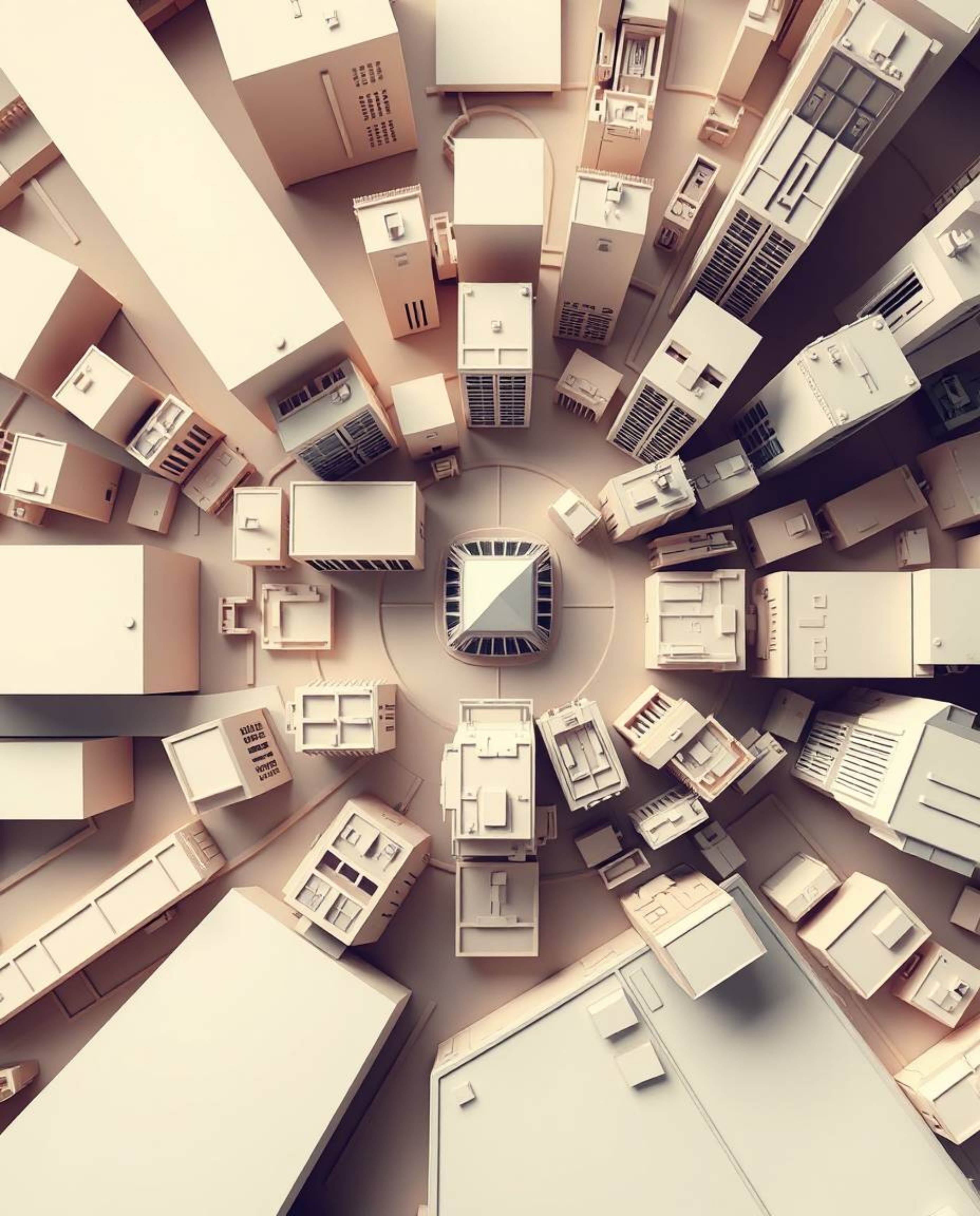 This refined architectural photograph presents an elegant abstract city map composed of geometric shapes, captured from a top