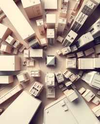 This refined architectural photograph presents an elegant abstract city map composed of geometric shapes, captured from a top