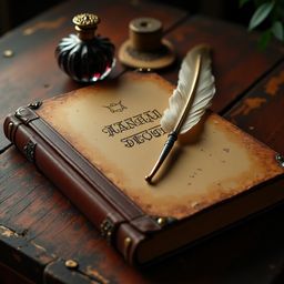 A richly brown leather journal, open on a weathered wooden desk, invites contemplation. Paired with a vintage quill pen and