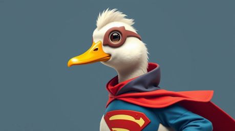 A close-up shot showcasing a modern flat design featuring two-dimensional shapes of a duck in a zany superhero costume, with 