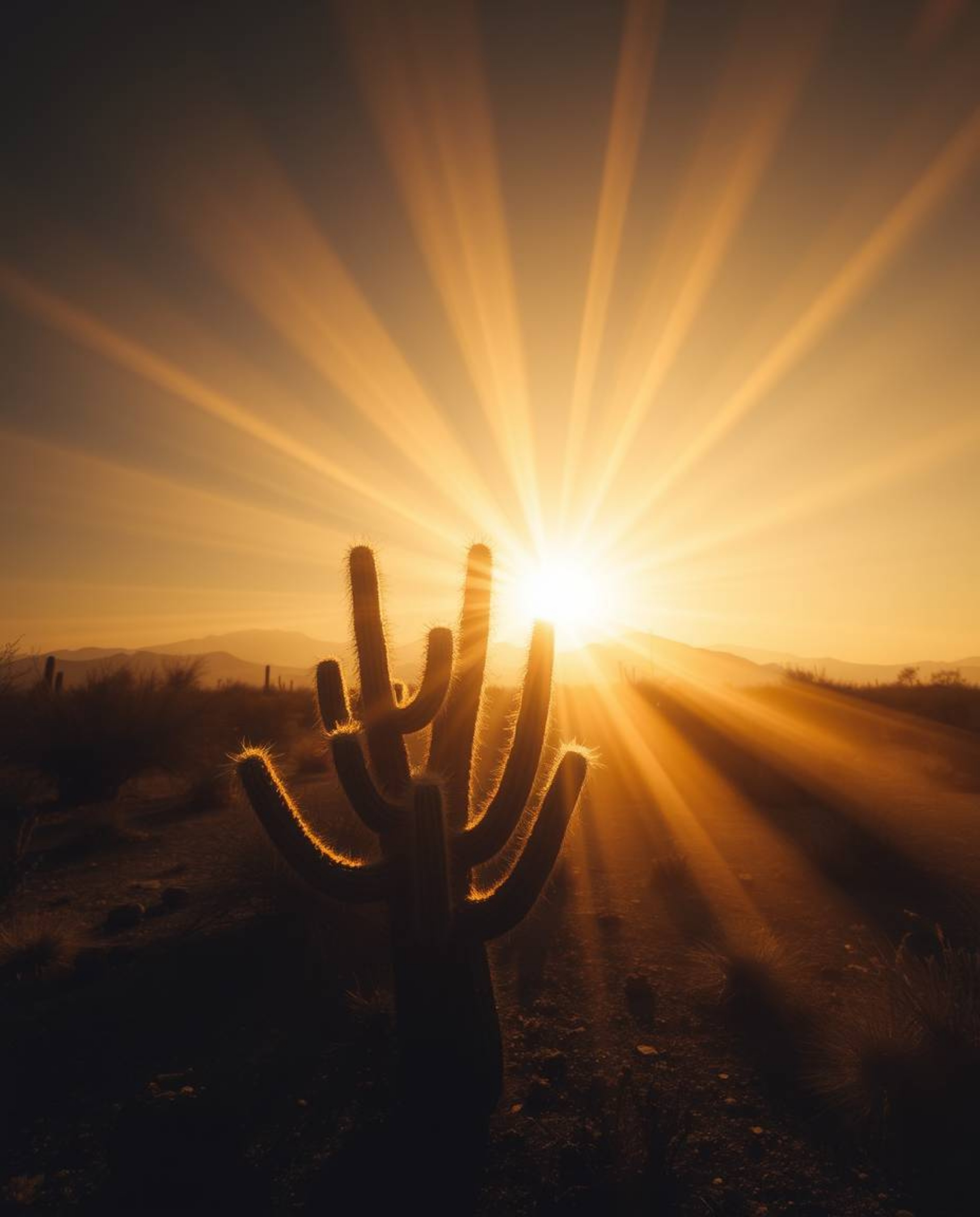 This stunning long-exposure photograph showcases a desert cactus glowing in the setting sun, with volumetric lighting creatin
